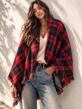 NWT!! La Express | Red & Black Plaid Fringe Shawl Wrap, O/S